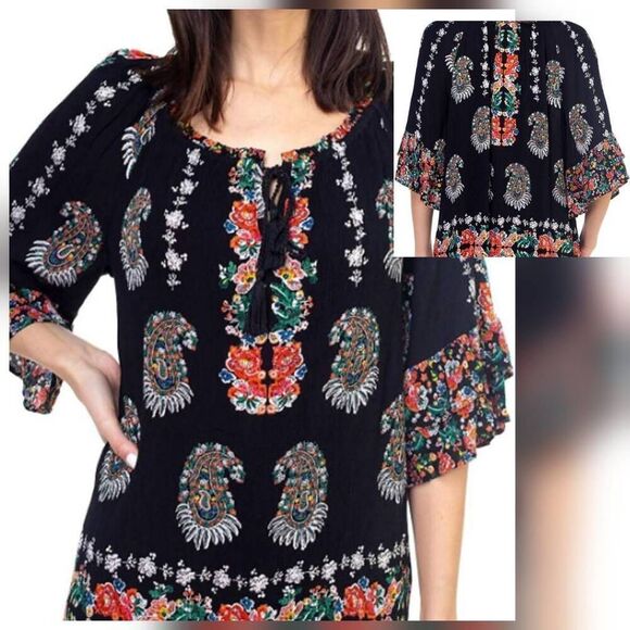 Bila Boho Paisley Peplum Tiered 3/4 Sleeve Top Sz M NWT - Picture 1 of 9